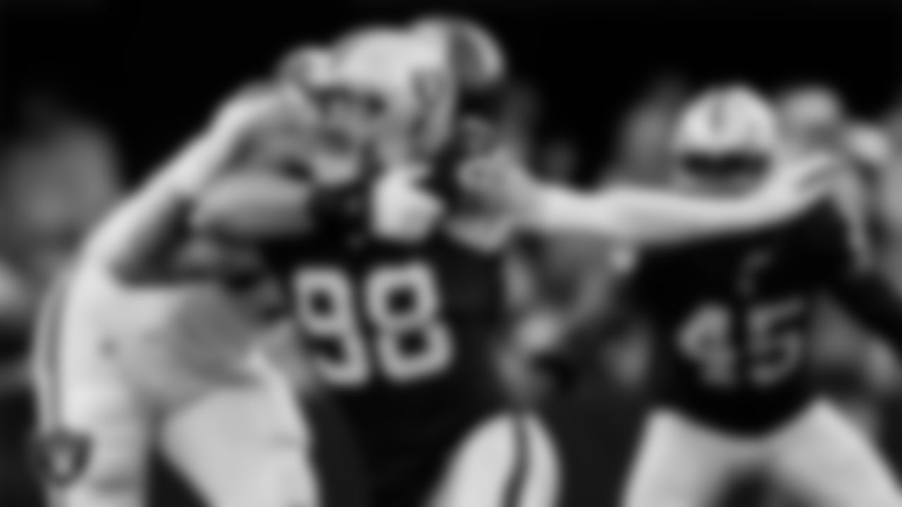Las Vegas Raiders defensive end Maxx Crosby (98) defends during the regular season home game against the Denver Broncos at Allegiant Stadium.