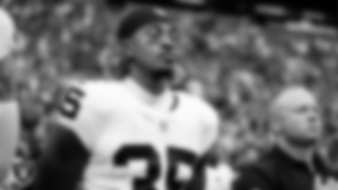 Las Vegas Raiders running back Chris Collier (35) during the national anthem before the preseason away game against the Seattle Seahawks at Lumen Field.