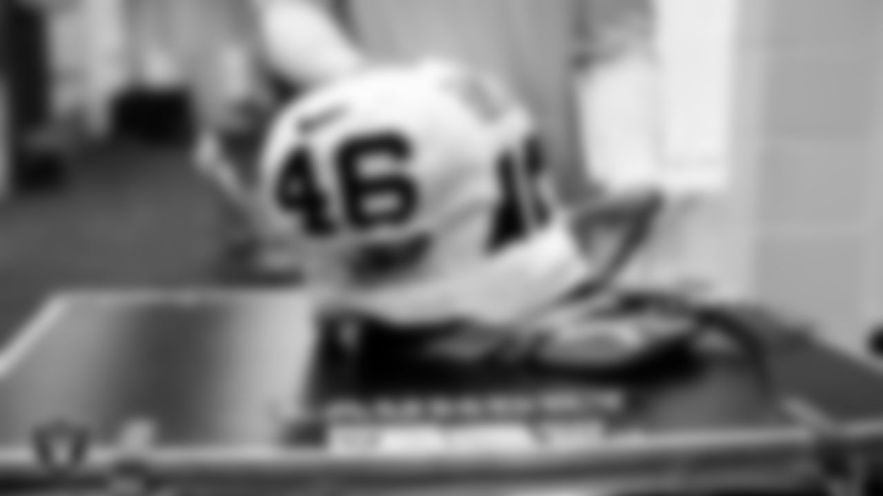 The locker room prior to the Las Vegas Raiders' arrival for their regular season away game against the Houston Texans at NRG Stadium.