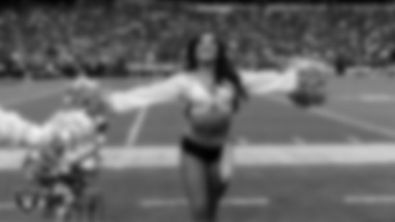 Raiderette Tatiana on the sidelines during the regular season home game against the Jacksonville Jaguars at Allegiant Stadium.