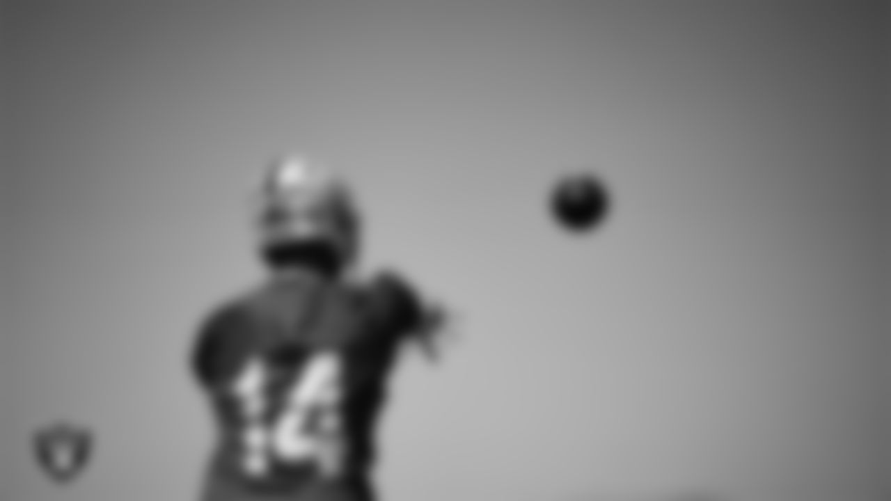 Las Vegas Raiders quarterback Carter Bradley (14) at an Organized Team Activity (OTA) at Intermountain Health Performance Center.