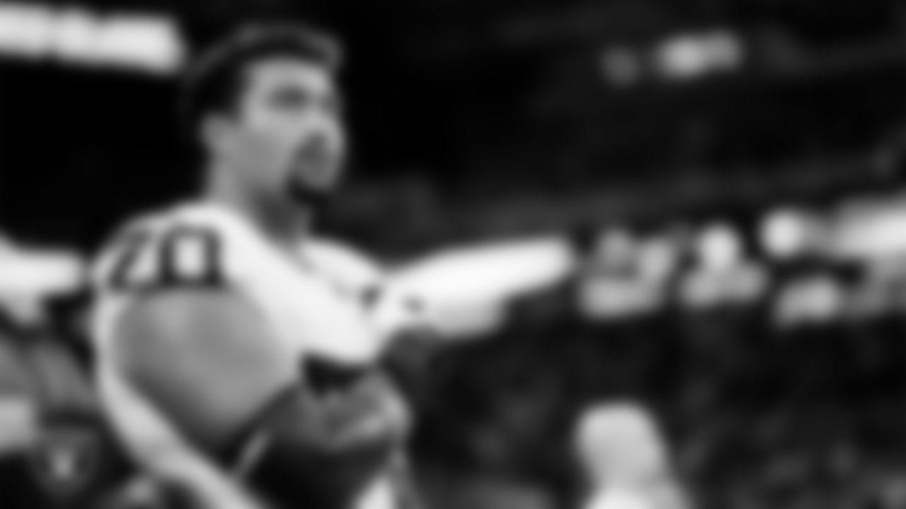 Las Vegas Raiders offensive lineman Stone Forsythe (70) during the national anthem before the regular season away game against the Indianapolis Colts at Lucas Oil Stadium.