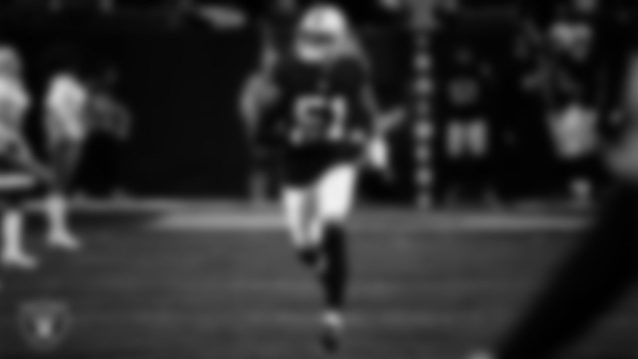 Las Vegas Raiders defensive end Malcolm Koonce (51) is introduced onto the field before the regular season home game against the Kansas City Chiefs at Allegiant Stadium.