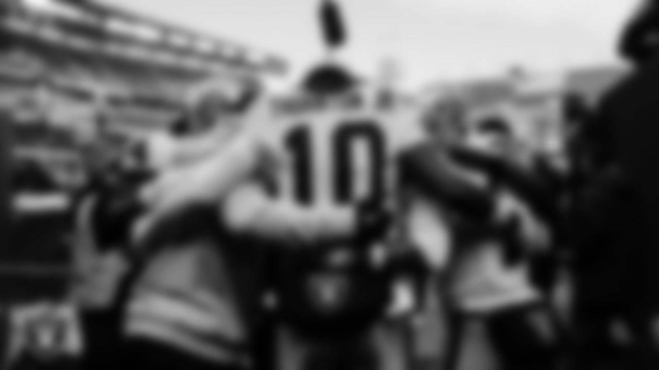 The Las Vegas Raiders returners huddle before the regular season away game against the Philadelphia Eagles at Lincoln Financial Field.