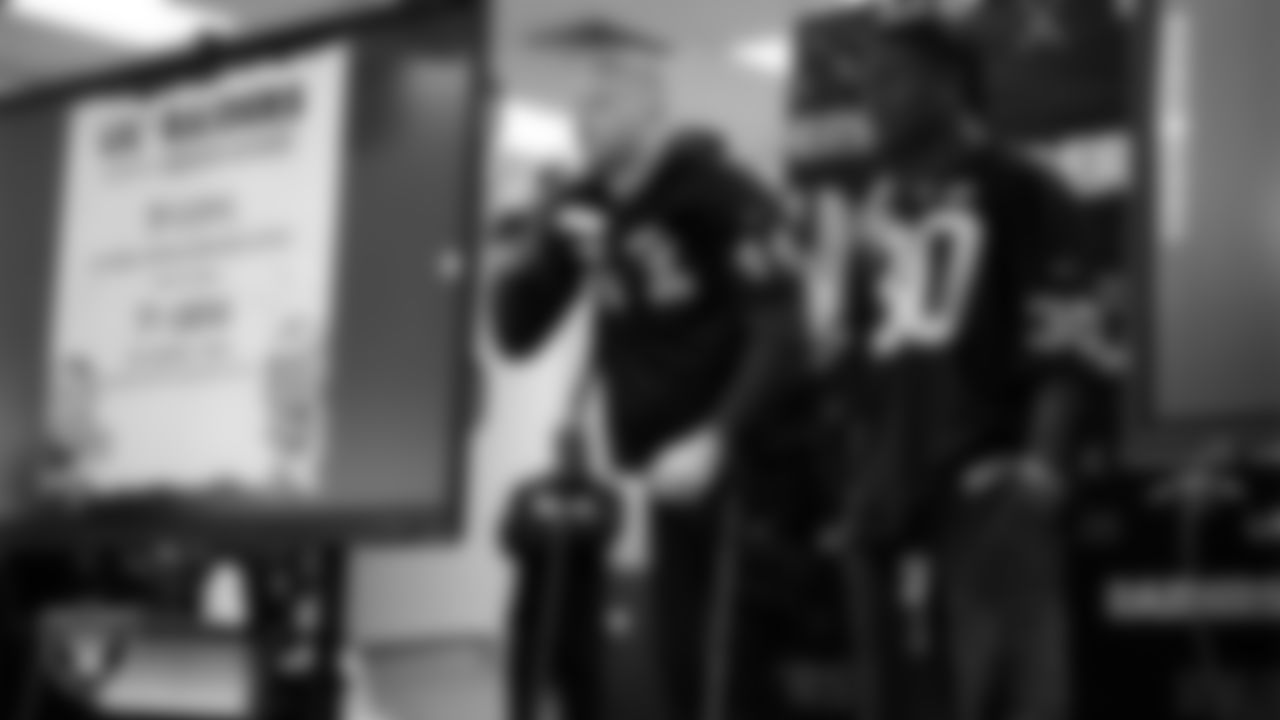 Las Vegas Raiders linebacker Tommy Eichenberg (44) speaks to students during a Raiders Spirit Day at Richard H. Bryan Elementary School.