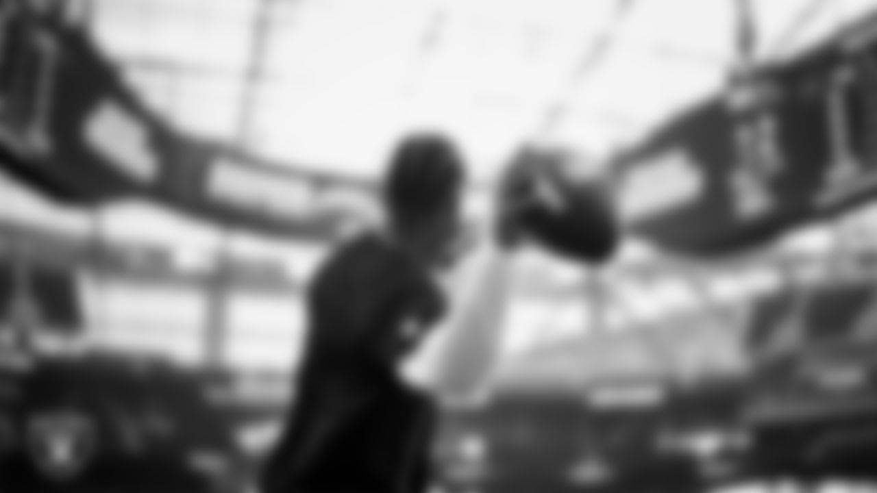 Las Vegas Raiders quarterback Geno Smith (7) warming up before the regular season away game against the Los Angeles Chargers at SoFi Stadium.