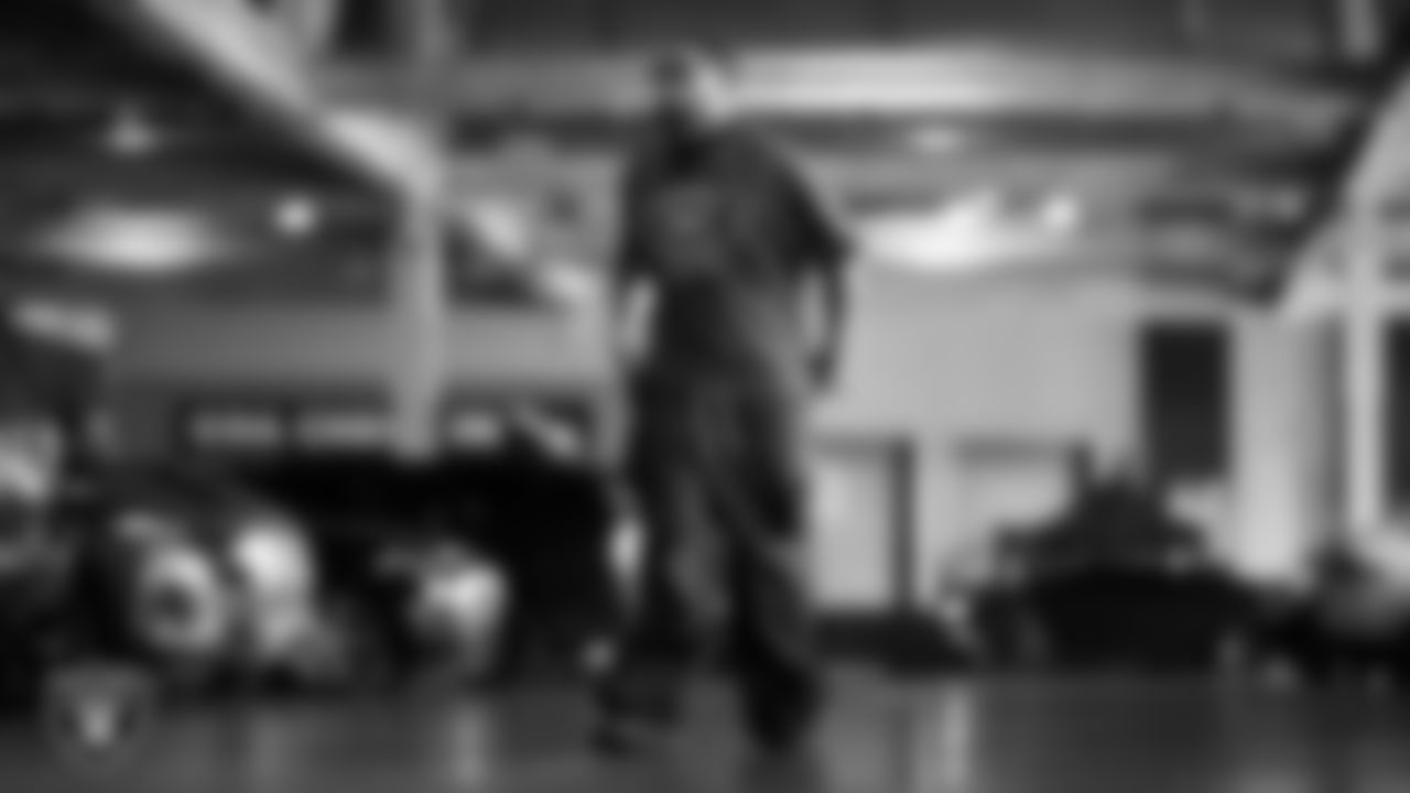 Las Vegas Raiders defensive tackle Jonah Laulu (96) arrives to the regular season home game against the Chicago Bears at Allegiant Stadium.