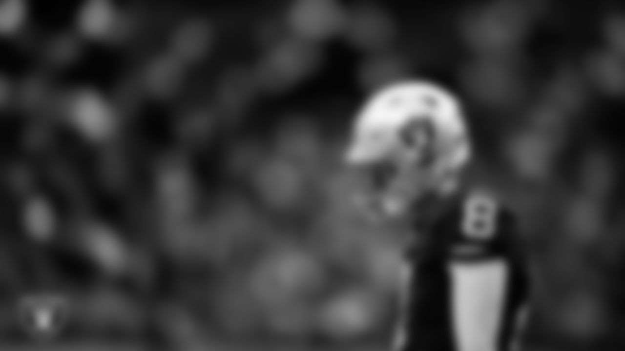 Las Vegas Raiders kicker Daniel Carlson (8) on the sidelines during the regular season home game against the New York Giants at Allegiant Stadium.