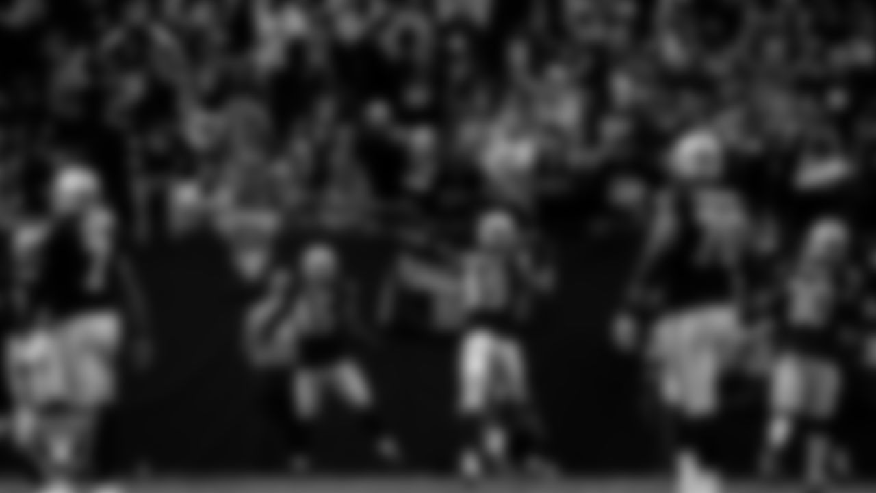 Las Vegas Raiders linebacker Devin White (45) celebrates after making an interception during the regular season home game against the Tennessee Titans at Allegiant Stadium.