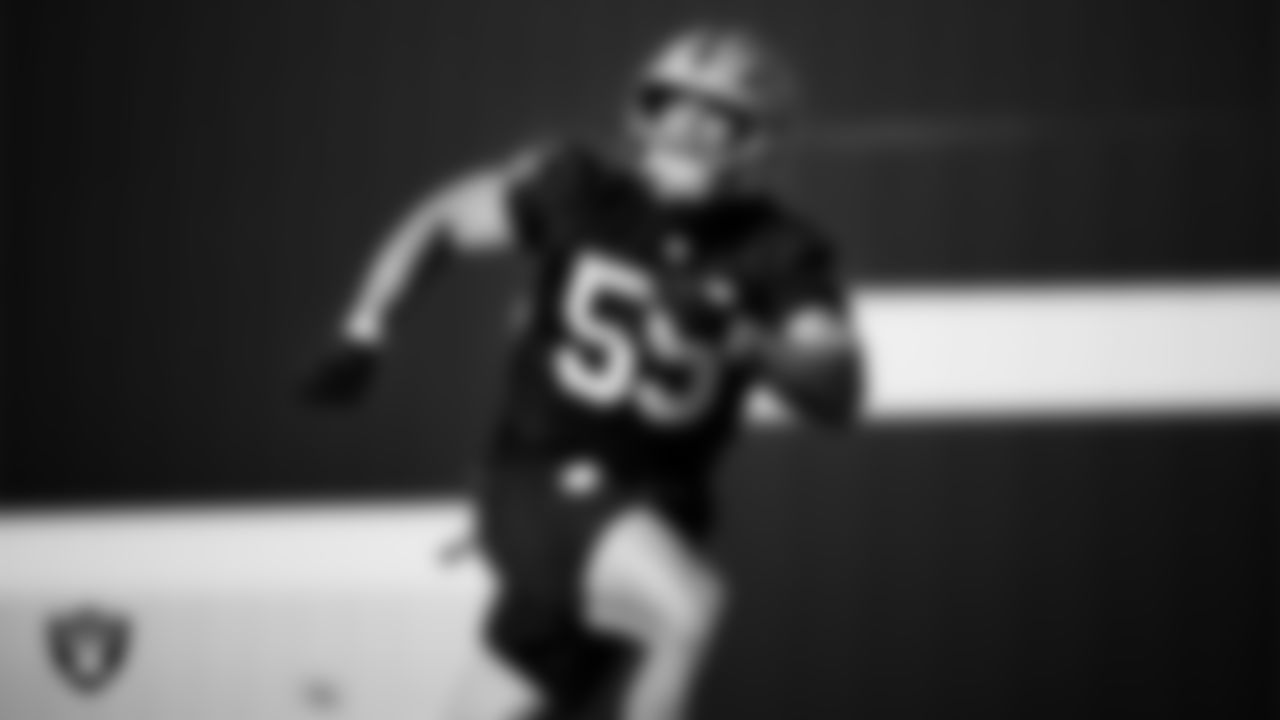 Las Vegas Raiders linebacker Cody Lindenberg (55) during practice at Intermountain Health Performance Center.