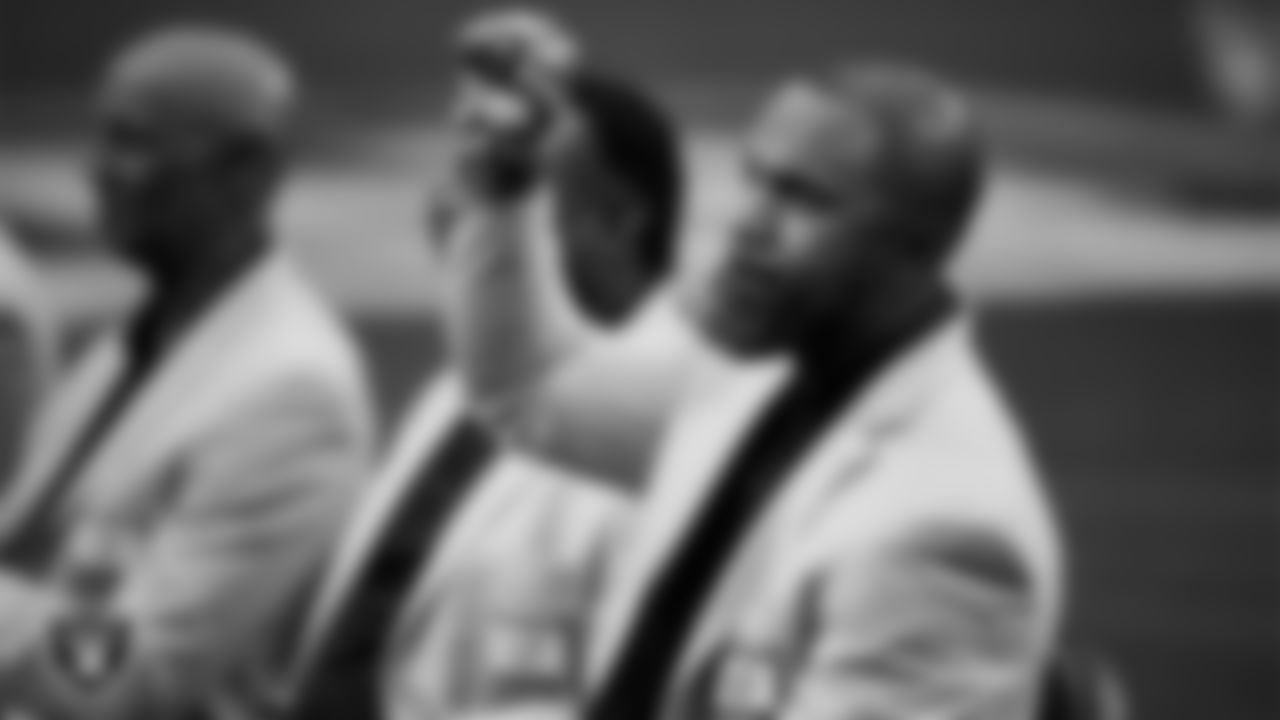 Las Vegas Raiders alumnus Charles Woodson is introduced during Eric Allen's Ring of Excellence ceremony during halftime of the Raiders' regular season home game against the Tennessee Titans at Allegiant Stadium.