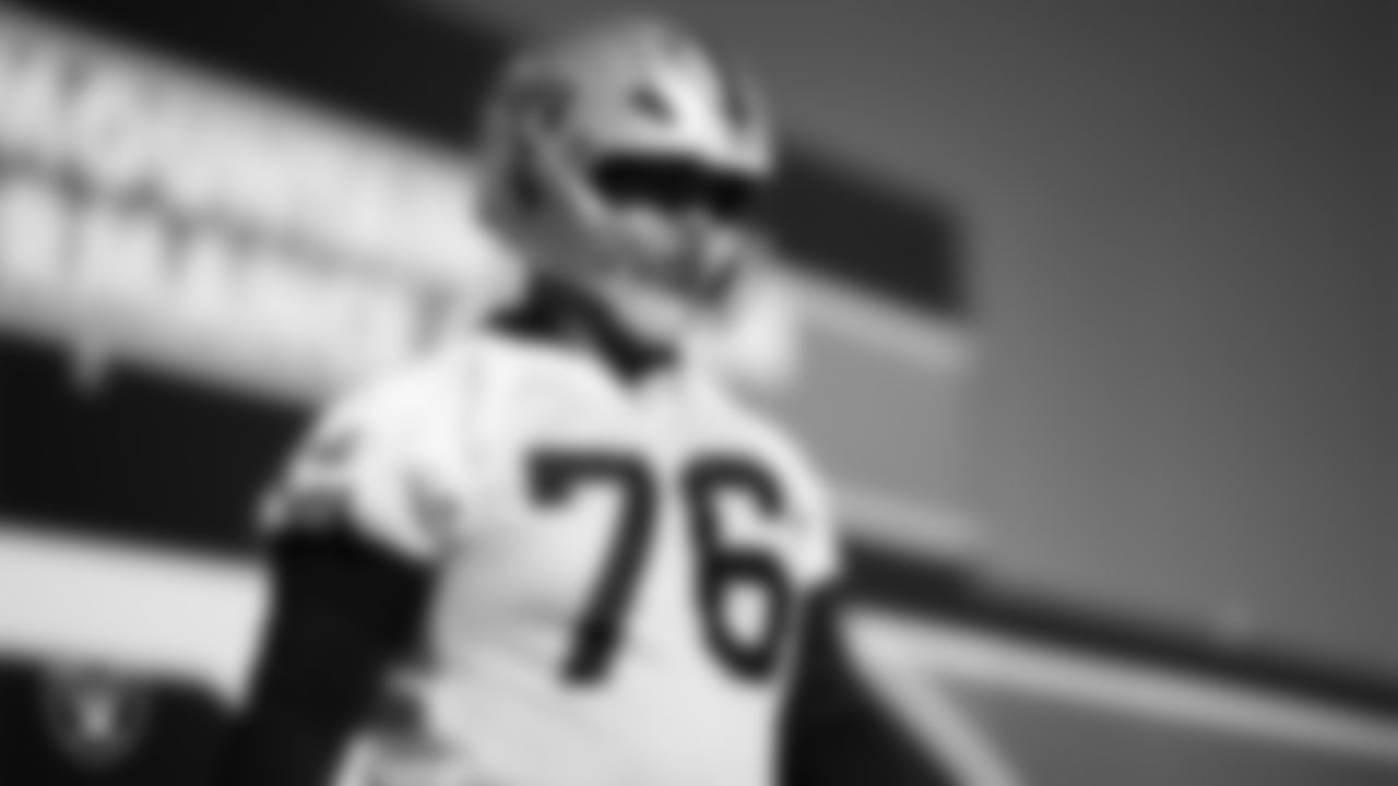 Las Vegas Raiders guard Caleb Rogers (76) during practice at Intermountain Health Performance Center.