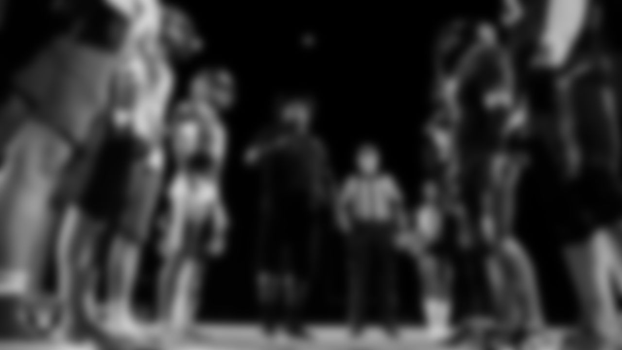 Las Vegas Raiders alumnus Roy Hart during the coin toss before the Las Vegas Raiders' Football Showcase game at Moapa Valley High School.