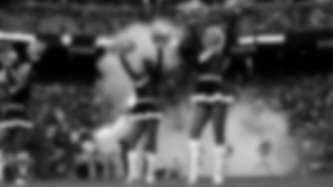 Raiderette Delaney during player introductions before the regular season home game against the New York Giants at Allegiant Stadium.
