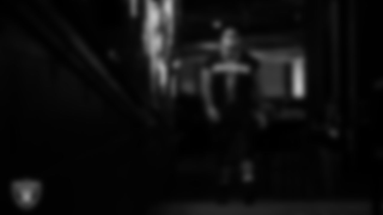 Las Vegas Raiders defensive tackle Jonah Laulu (96) arrives to the regular season home game against the Tennessee Titans at Allegiant Stadium.