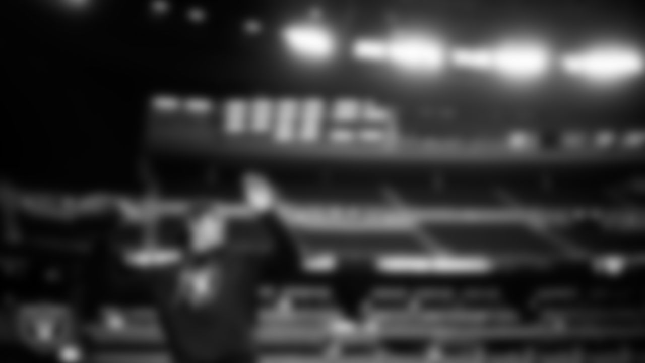 Las Vegas Raiders quarterback Aidan O'Connell (12) warming up before the regular season home game against the Denver Broncos at Allegiant Stadium.