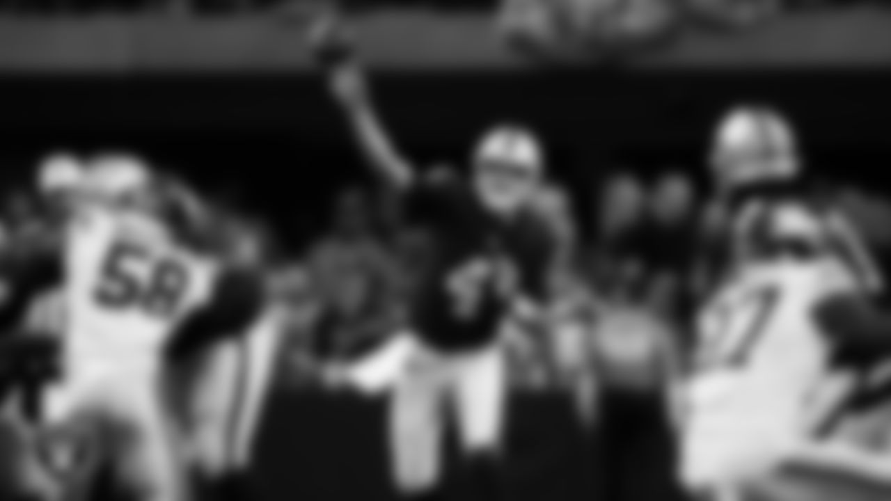 Las Vegas Raiders quarterback Aidan O'Connell (4) passes during the regular season home game against the New York Giants at Allegiant Stadium, Sunday, November 5, 2023, in Las Vegas, Nev.