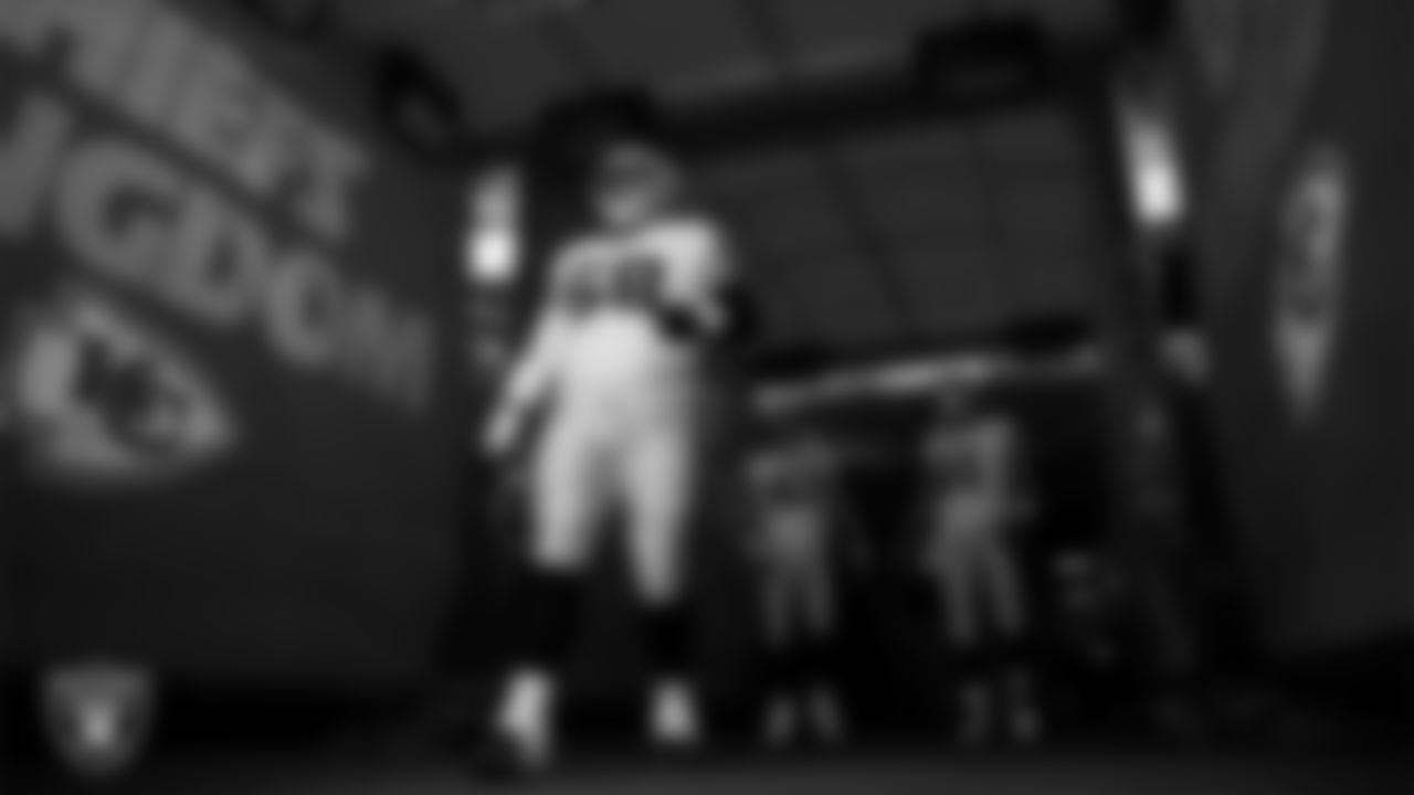 Las Vegas Raiders guard/center Jackson Powers-Johnson (58) walks down the tunnel before the regular season away game against the Kansas City Chiefs at GEHA Field at Arrowhead Stadium.