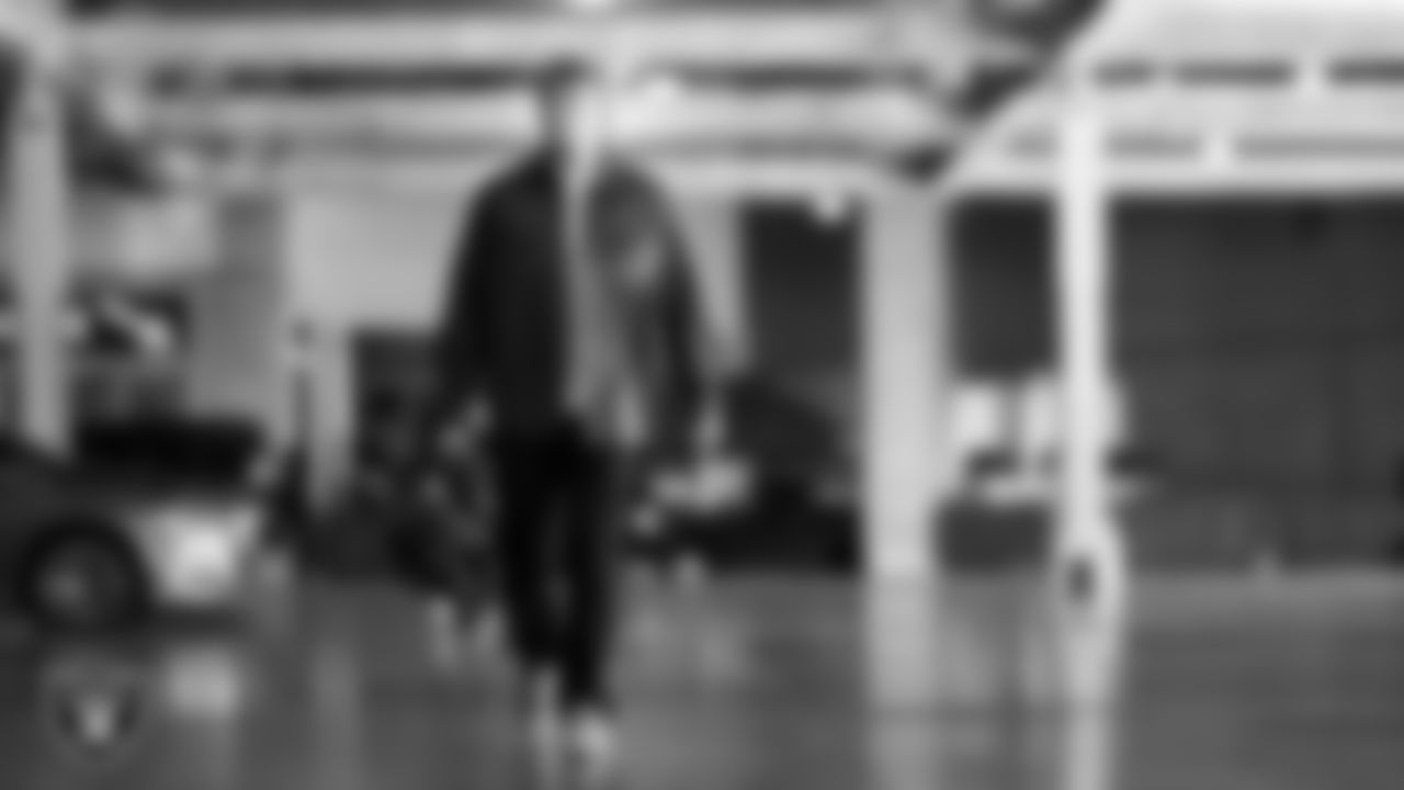 Las Vegas Raiders linebacker Cody Lindenberg (55) arrives to the regular season home game against the New York Giants at Allegiant Stadium.