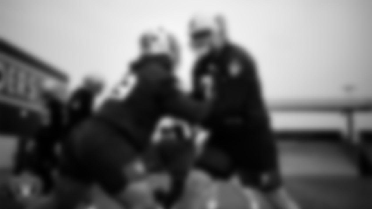 Las Vegas Raiders offensive lineman Laki Tasi (79) and tackle Dalton Wagner (78) during practice at Intermountain Health Performance Center.