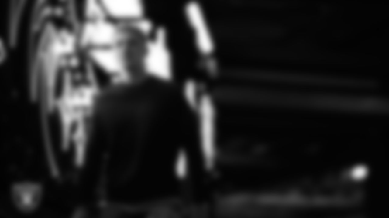 Las Vegas Raiders quarterback Cam Miller (5) arrives to the regular season home game against the Dallas Cowboys at Allegiant Stadium.