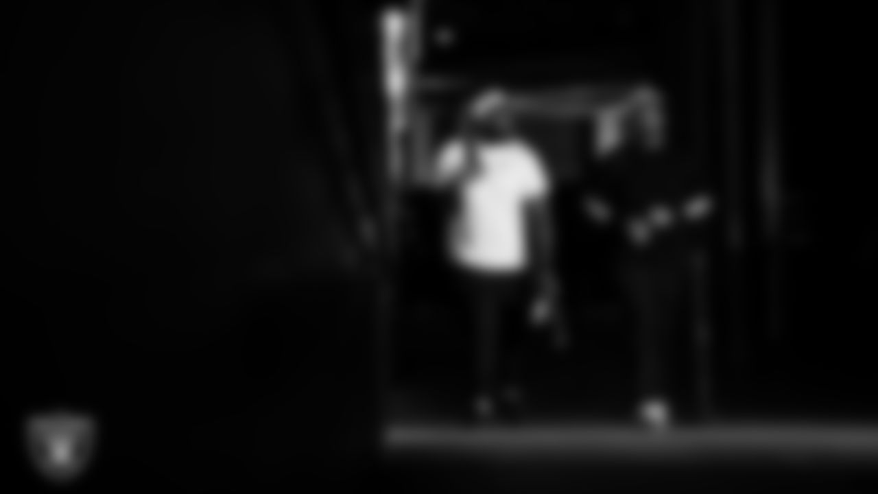 Las Vegas Raiders tackle DJ Glaze (71) and tackle Charles Grant (60) arrive to the regular season home game against the Jacksonville Jaguars at Allegiant Stadium.