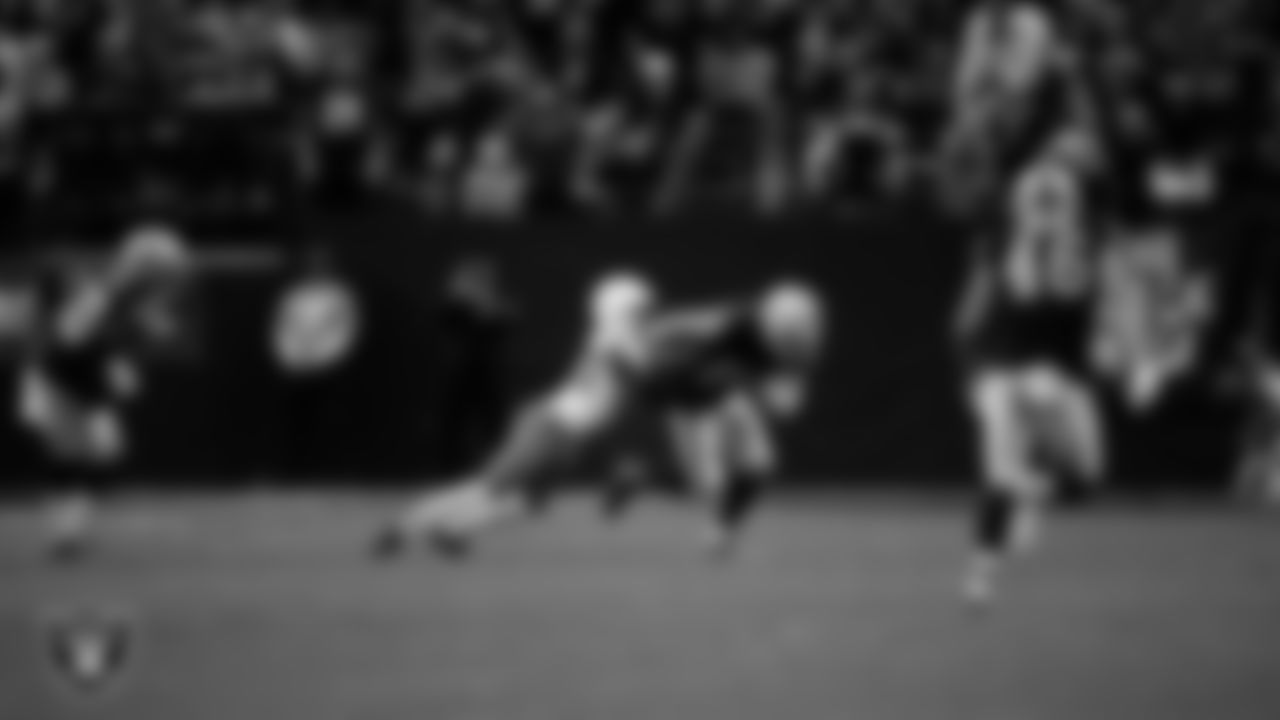 Las Vegas Raiders wide receiver Alex Bachman (81) returns a punt during the regular season home game against the Cleveland Browns at Allegiant Stadium.