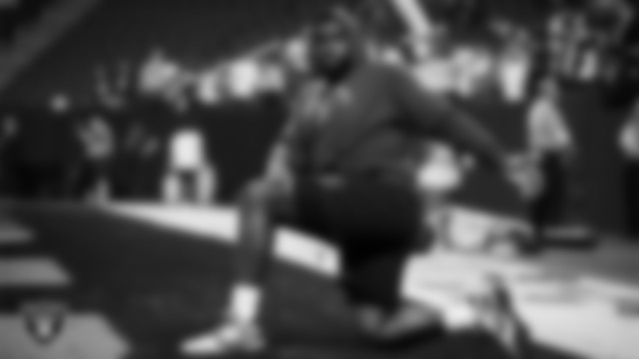 Las Vegas Raiders tackle DJ Glaze (71) warming up before the regular season home game against the Dallas Cowboys at Allegiant Stadium.