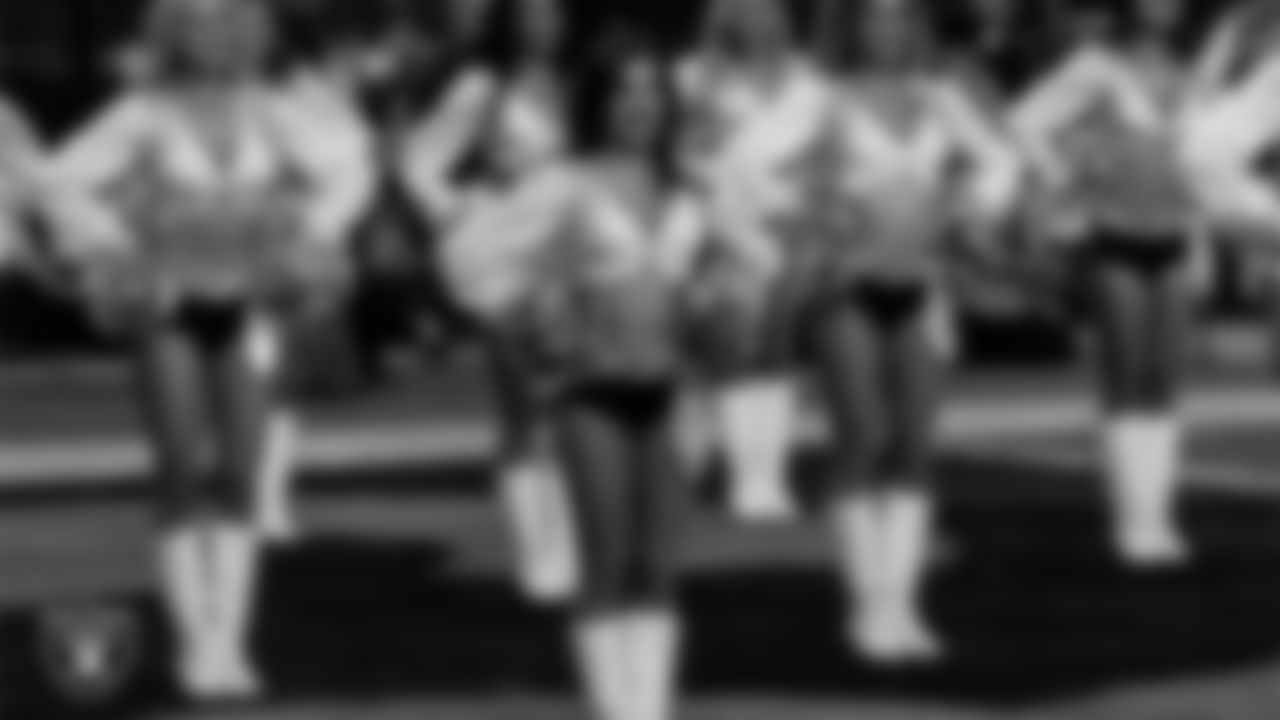 Raiderette Tatiana waits to take the field for a performance during the regular season home game against the New York Giants at Allegiant Stadium.