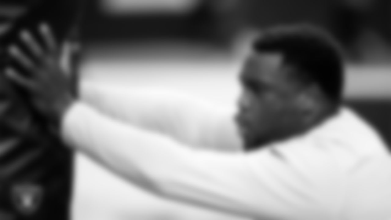 Las Vegas Raiders defensive tackle JJ Pegues (92) warming up before the regular season home game against the Cleveland Browns at Allegiant Stadium.