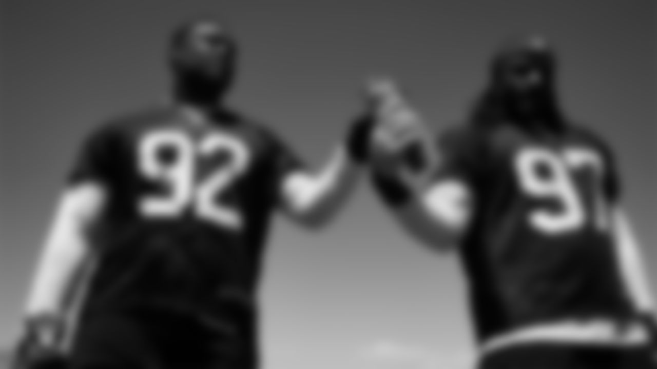 Las Vegas Raiders defensive tackle JJ Pegues (92) and defensive tackle Tonka Hemingway (97) at day one of 2025 Rookie Minicamp at Intermountain Health Performance Center.