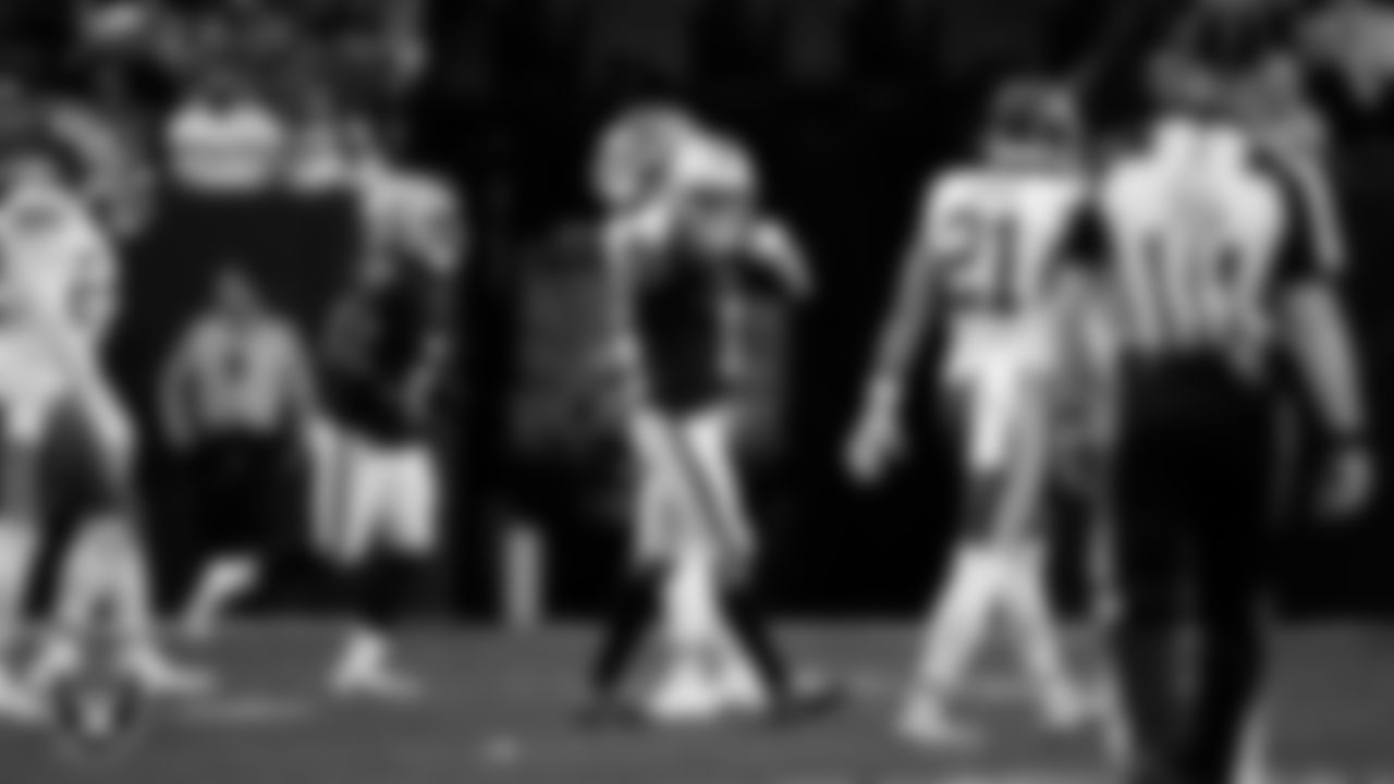 Las Vegas Raiders wide receiver Tre Tucker (1) celebrates after making a first down during the regular season home game against the Kansas City Chiefs at Allegiant Stadium.