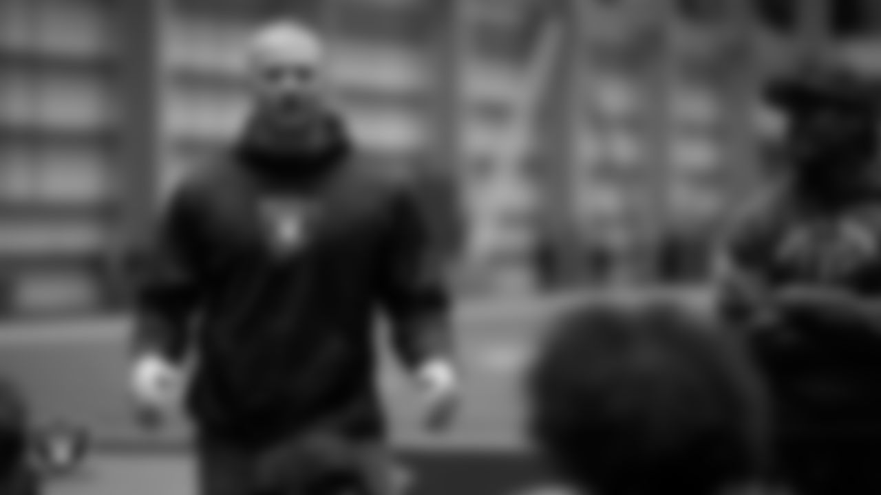 Las Vegas Raiders linebacker Tommy Eichenberg (44) speaks to athletes during an open practice at Intermountain Health Performance Center.