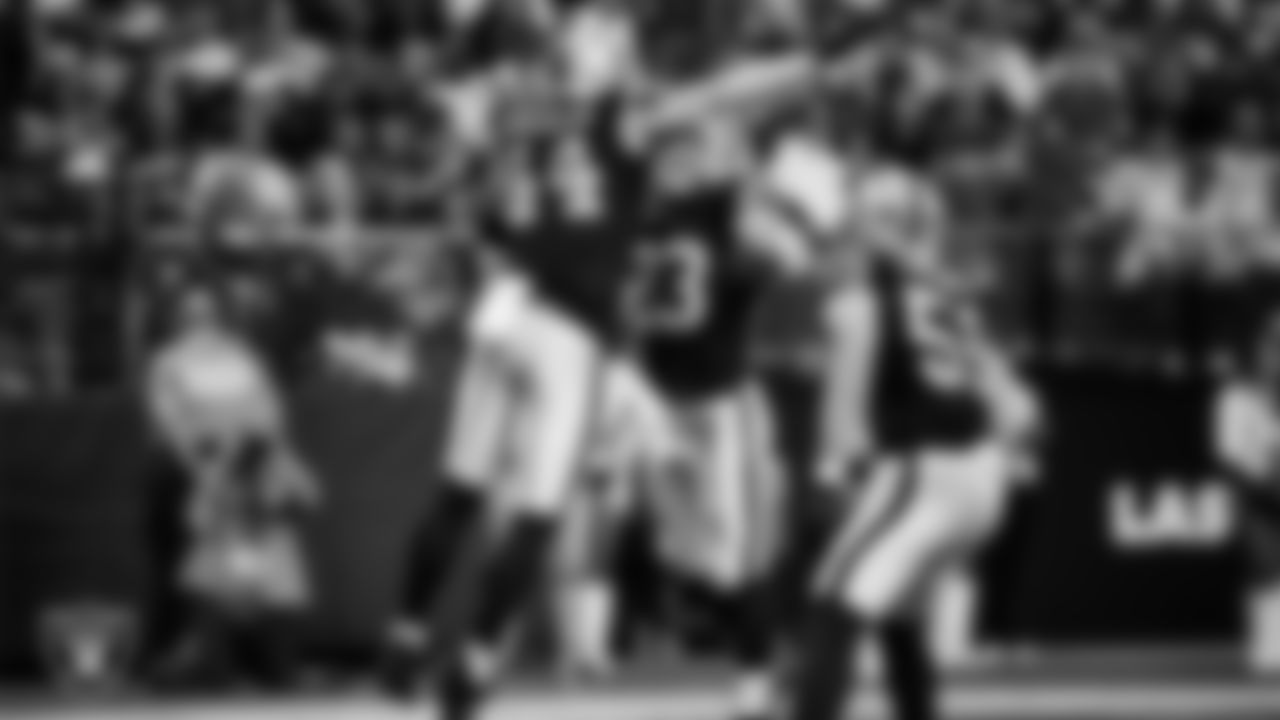 Las Vegas Raiders linebacker Tommy Eichenberg (44) celebrates with running back Dylan Laube (23) after making a tackle during the regular season home game against the Jacksonville Jaguars at Allegiant Stadium.