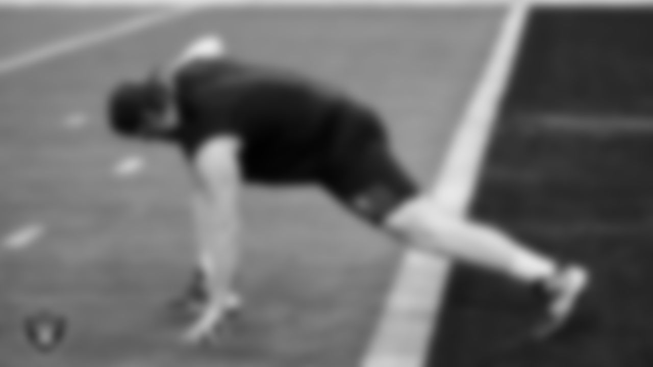 Las Vegas Raiders guard Alex Cappa (65) warming up before the regular season home game against the Jacksonville Jaguars at Allegiant Stadium.