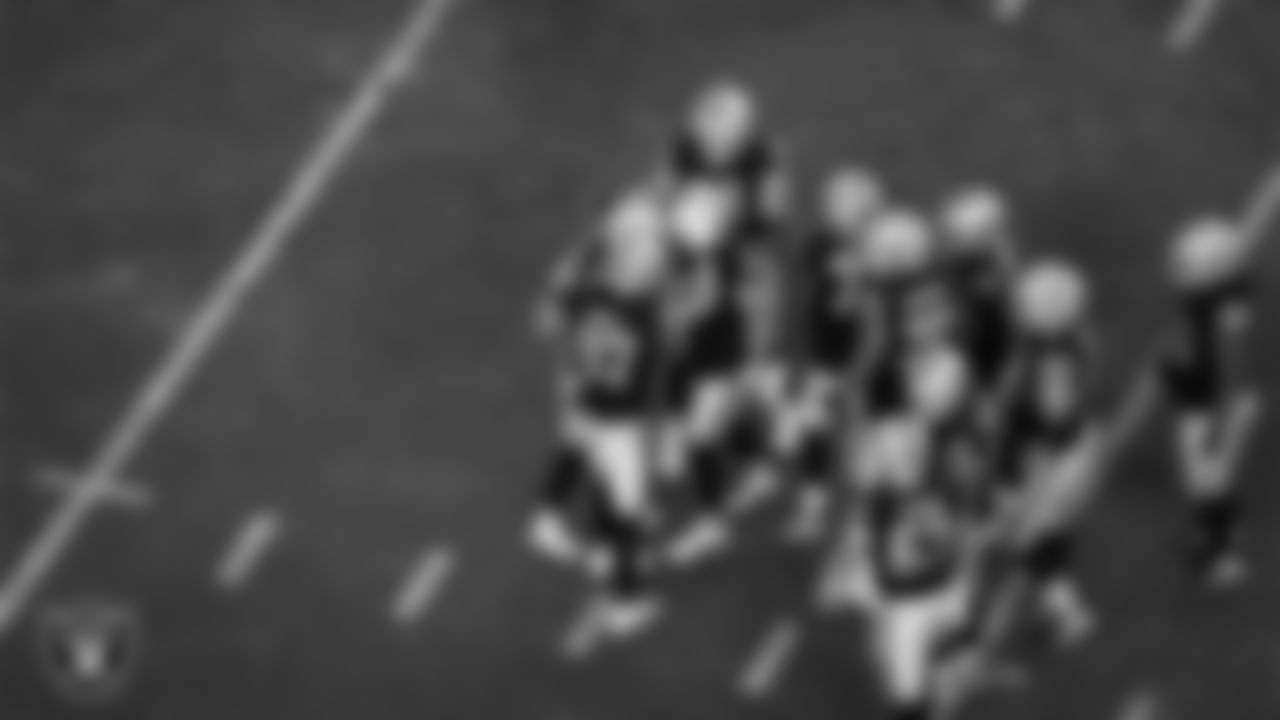 Las Vegas Raiders kicker Daniel Carlson (8) celebrates with teammates after kicking a 40-yard field goal during the regular season home game against the Los Angeles Chargers at Allegiant Stadium.