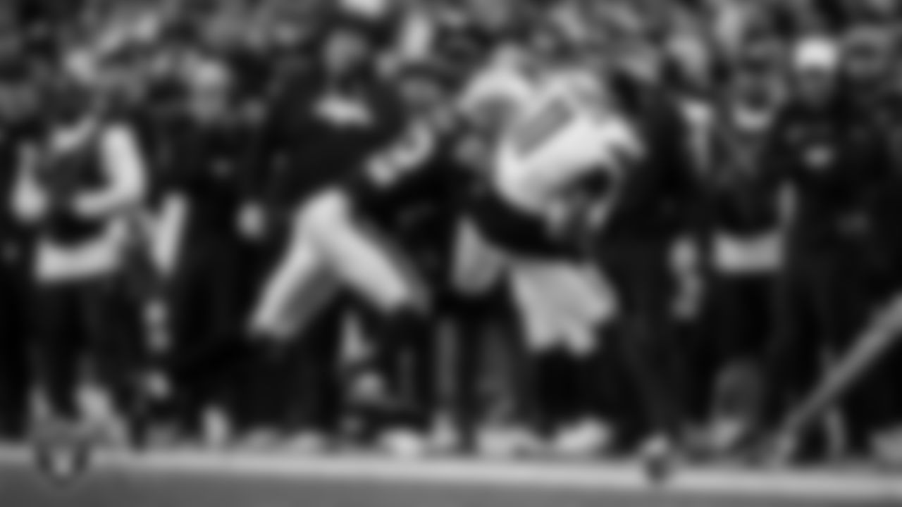 Las Vegas Raiders cornerback Eric Stokes (22) makes a tackle during the regular season home game against the Denver Broncos at Allegiant Stadium.