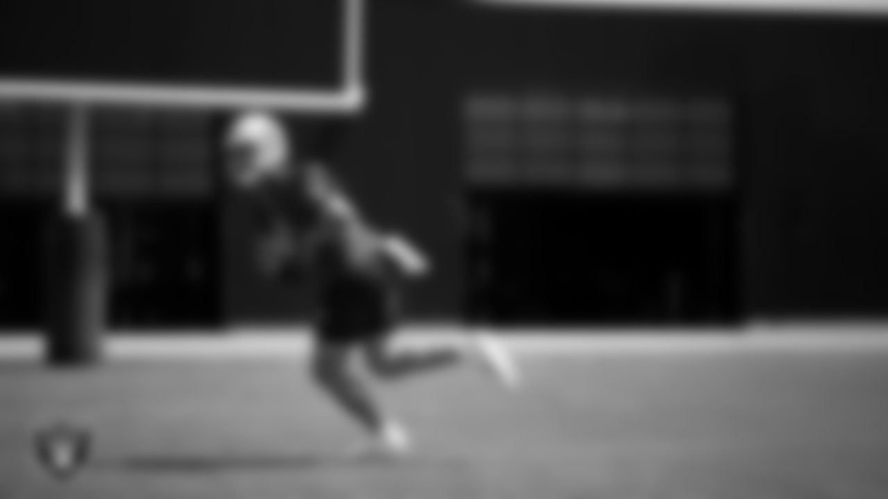 Las Vegas Raiders quarterback Carter Bradley (14) at an Organized Team Activity (OTA) at Intermountain Health Performance Center.
