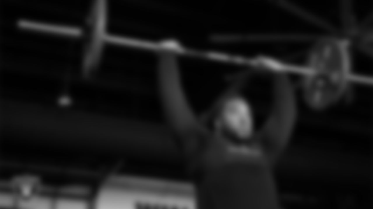 Las Vegas Raiders guard Dylan Parham (66) at a workout during phase one of the offseason program at Intermountain Health Performance Center.