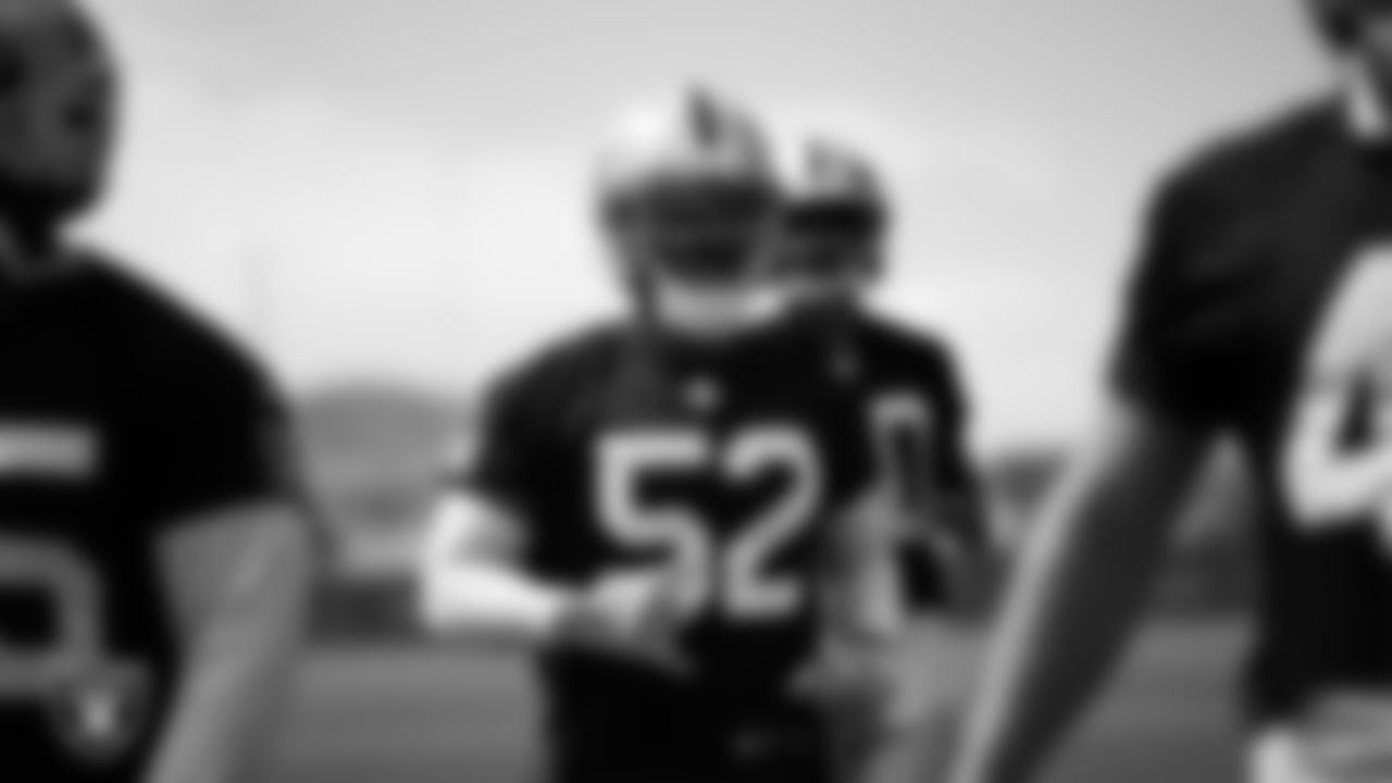 Las Vegas Raiders linebacker Elandon Roberts (52) at an Organized Team Activity (OTA) at Intermountain Health Performance Center.