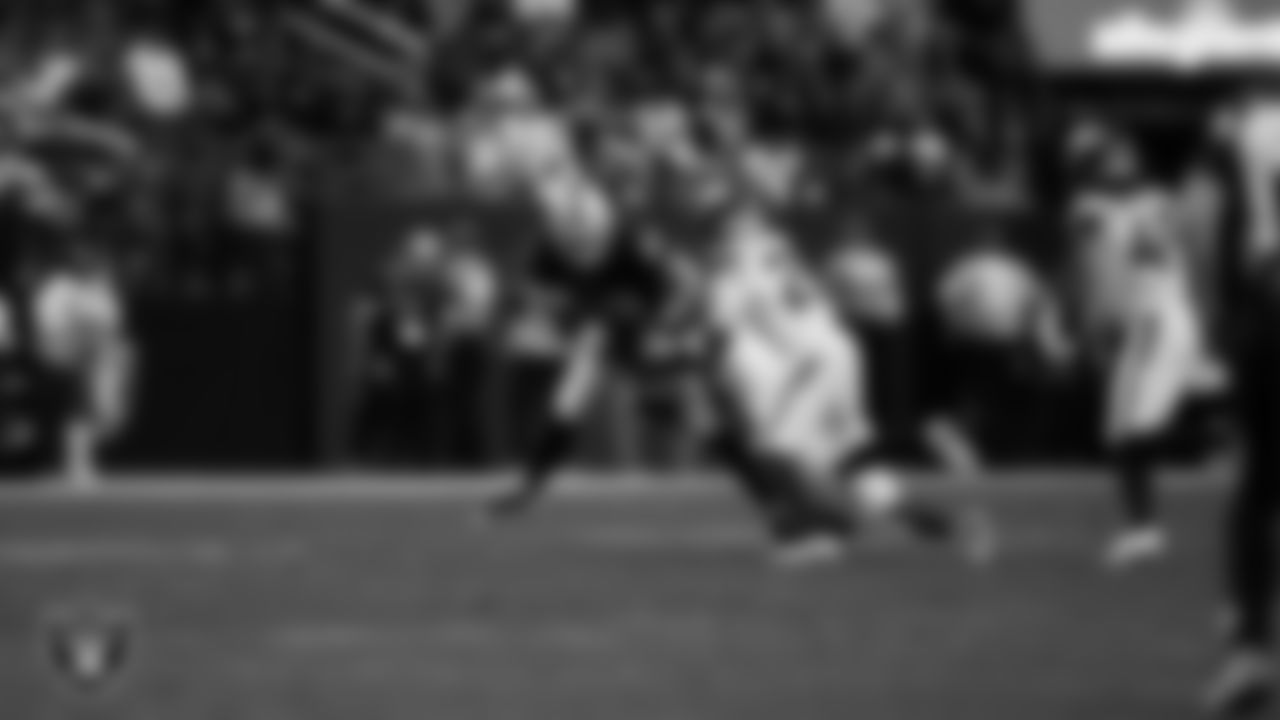 Las Vegas Raiders wide receiver Jack Bech (18) runs after making a catch during the regular season home game against the Denver Broncos at Allegiant Stadium.