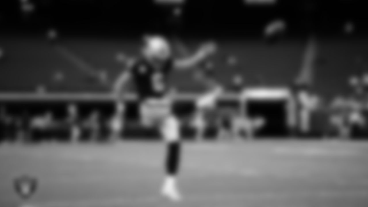 Las Vegas Raiders punter AJ Cole (6) warming up before the regular season home game against the Tennessee Titans at Allegiant Stadium.