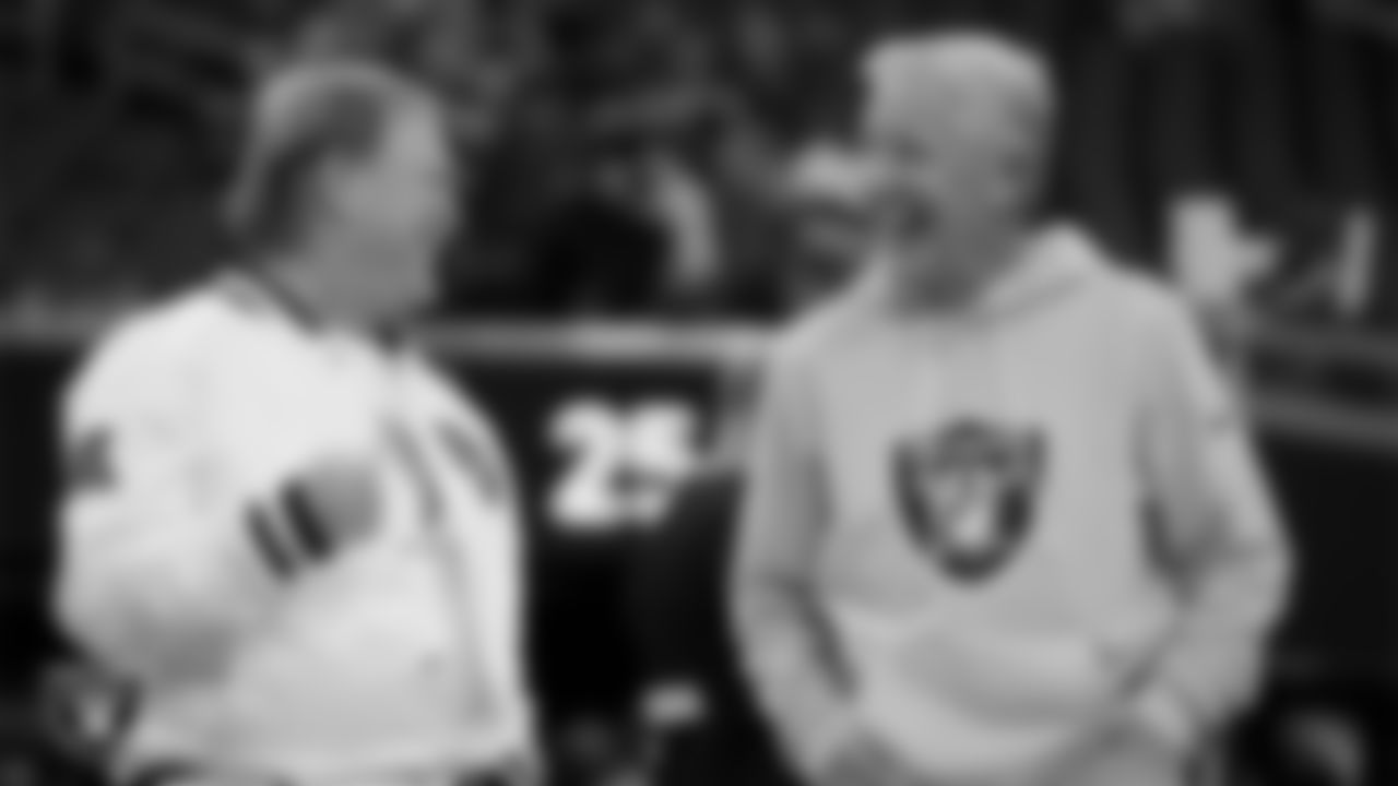 Las Vegas Raiders Owner Mark Davis and Head Coach Pete Carroll before the regular season home game against the Cleveland Browns at Allegiant Stadium.