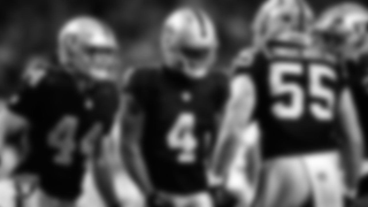 Las Vegas Raiders wide receiver Shedrick Jackson (4) celebrates with teammates after making a tackle during the regular season home game against the Kansas City Chiefs at Allegiant Stadium.