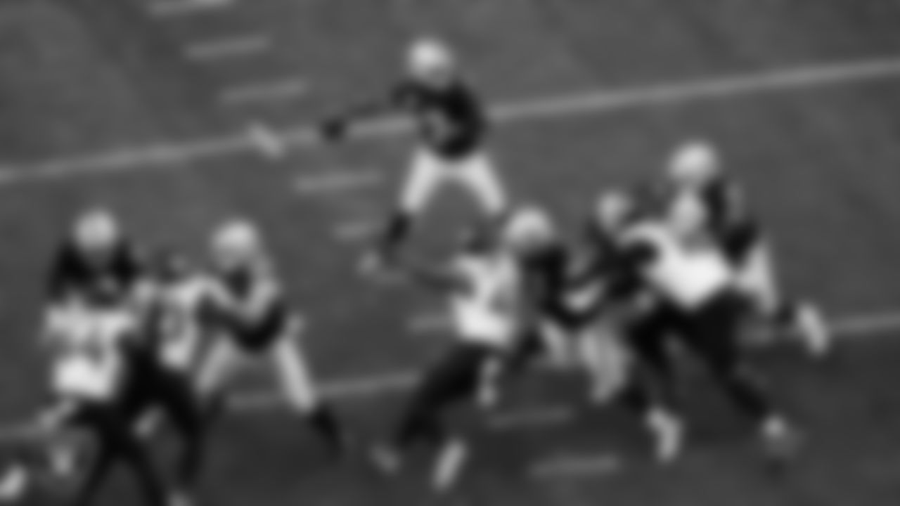Las Vegas Raiders quarterback Geno Smith (7) looks for a receiver during the regular season home game against the Jacksonville Jaguars at Allegiant Stadium.
