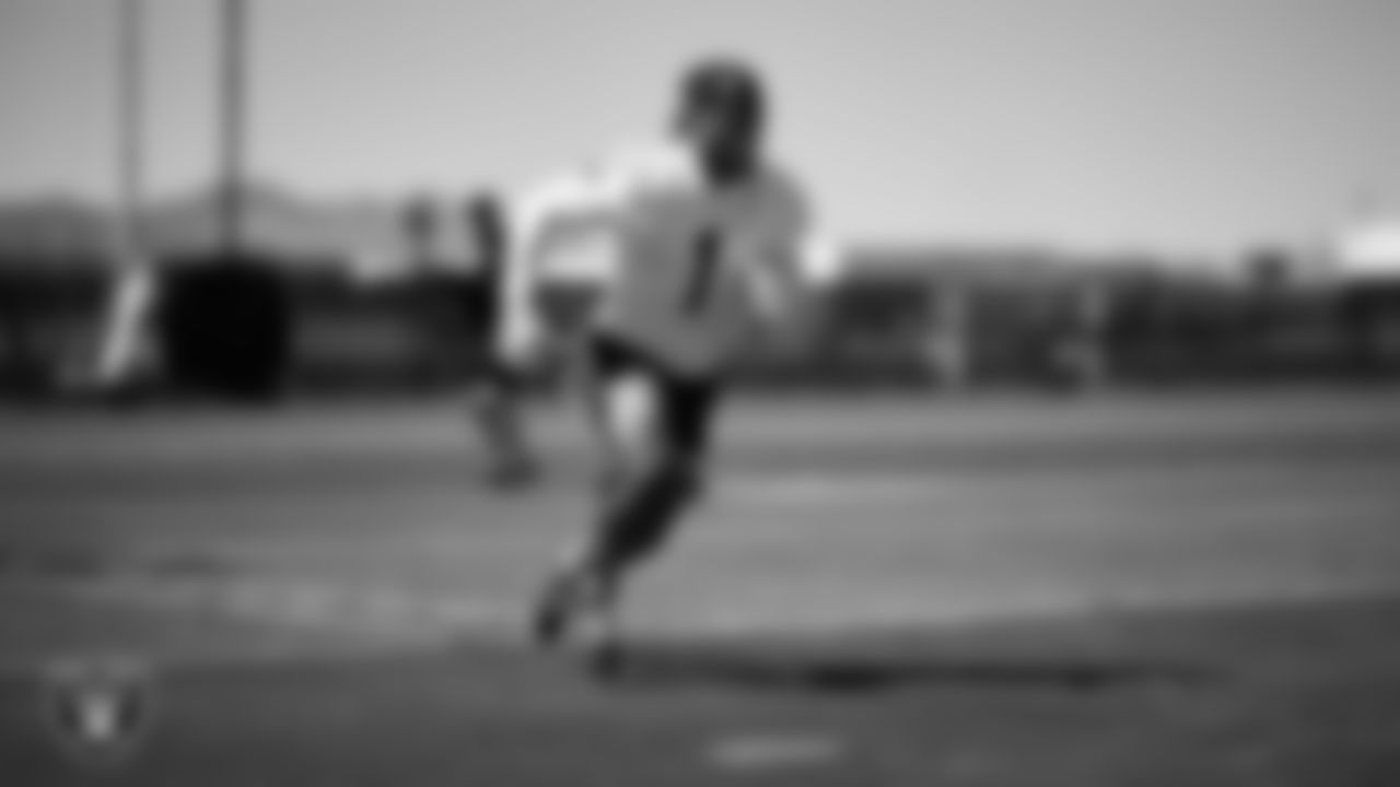 Las Vegas Raiders wide receiver Tre Tucker (1) at a workout during phase two of the offseason program at Intermountain Health Performance Center.