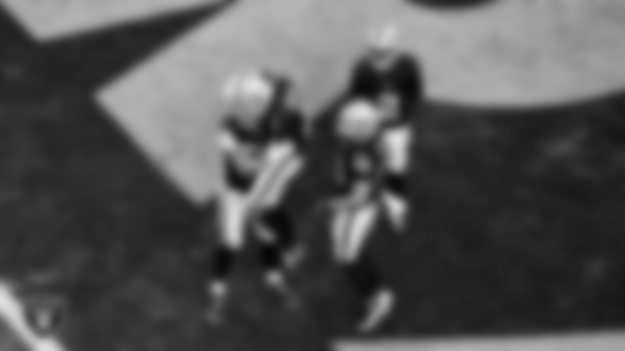 Las Vegas Raiders tight end Brock Bowers (89) celebrates with wide receiver Tre Tucker (1) after making a 15-yard touchdown catch during the regular season home game against the Denver Broncos at Allegiant Stadium.