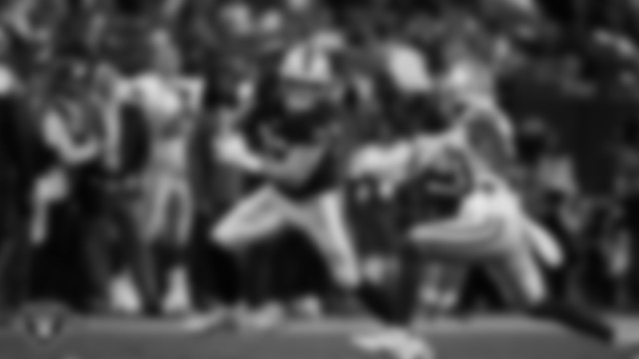 Las Vegas Raiders tight end Michael Mayer (87) runs after making a catch during the regular season home game against the Dallas Cowboys at Allegiant Stadium.