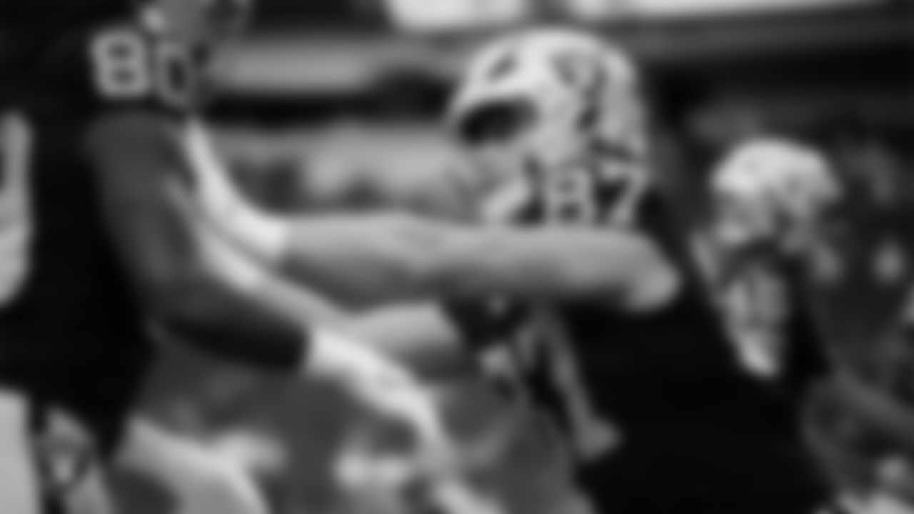 Las Vegas Raiders tight end Michael Mayer (87) warming up before the regular season home game against the Jacksonville Jaguars at Allegiant Stadium.