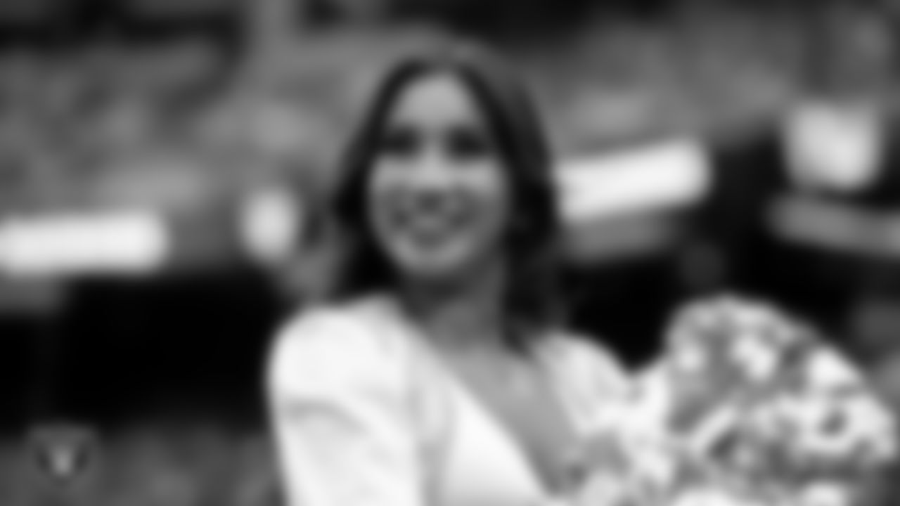 Raiderette Meekela on the sidelines during the preseason home game against the San Francisco 49ers at Allegiant Stadium.